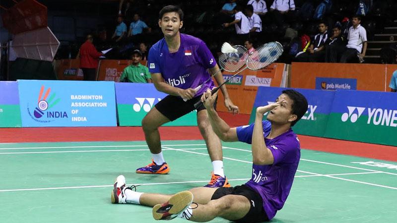 Angga Pratama/Ricky Karanda lolos ke final India Open Super Series 2016 usai mengalahkan Ko Sung-hyun/Shin Baek-cheol pada babak semifinal, Siri Fort Sports Complex, New Delhi, Sabtu (02/04